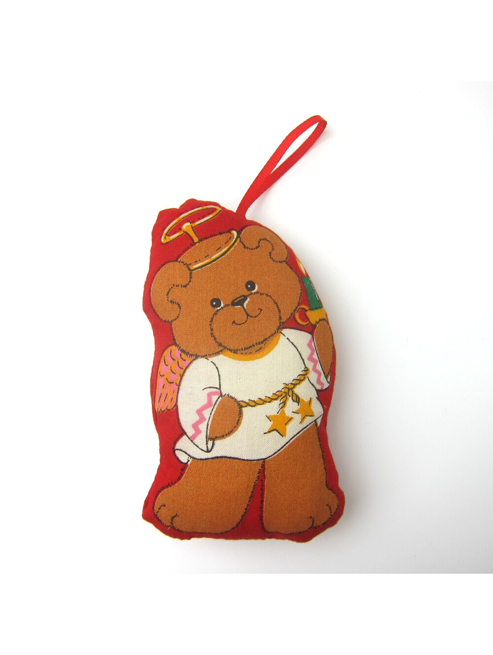Vintage Teddy Bear Angel Christmas Ornament Holding Candle Stuffed Cloth Ribbon
